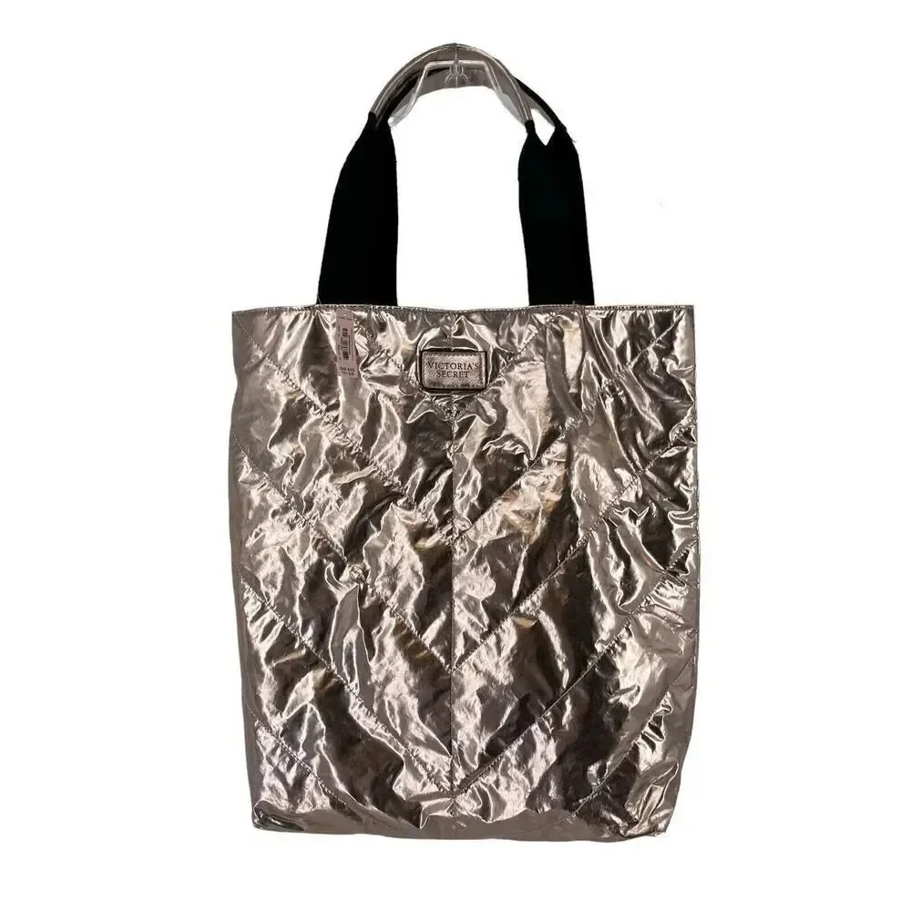 Victorias Secret Tote Bag Rose Gold Metallic Quilted Puffy Purse Carry All Glam